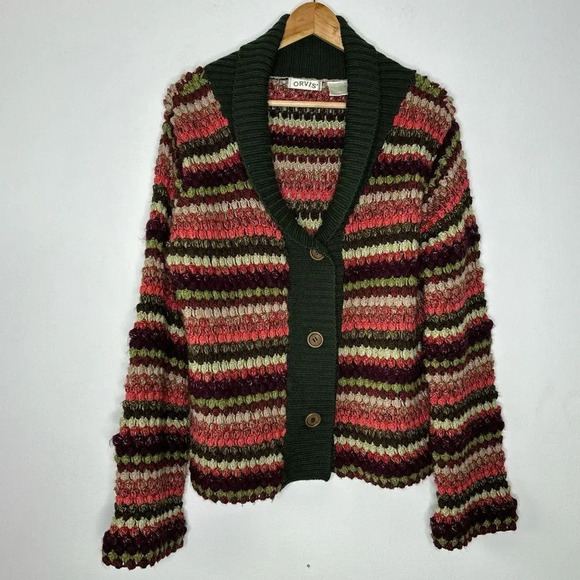 Orvis Vintage Y2K Green Pink Striped Wide Sleeve Collard Knit Cardigan Size S - Picture 8 of 8